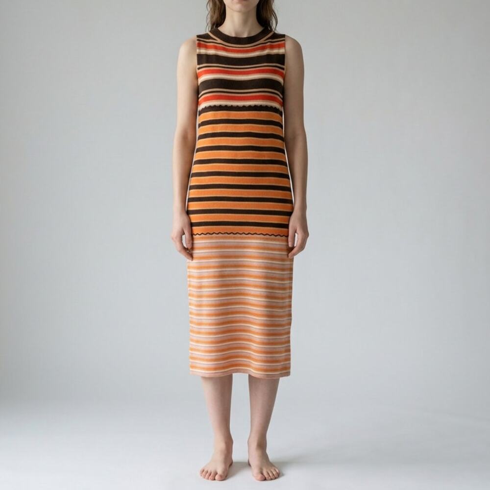 Marni x Uniqlo Brown Merino Wool Blend Striped Orange Knit Midi Dress, size M